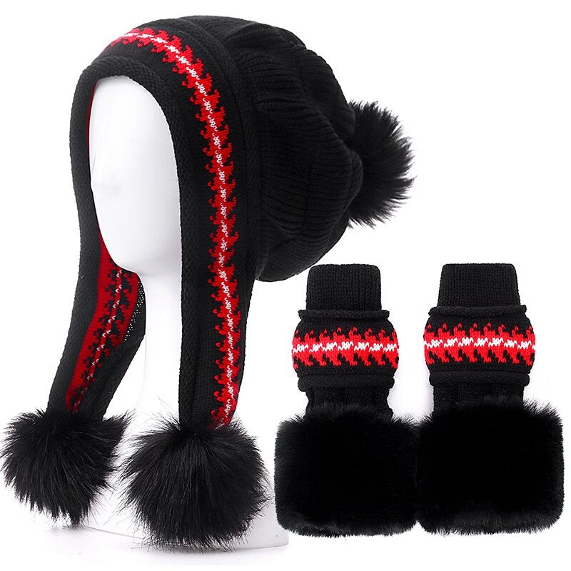 Fur Lining Knitted Hat With Gloves Set Pompoms Outdoor Knitted Woolen Warm Winter Cap
