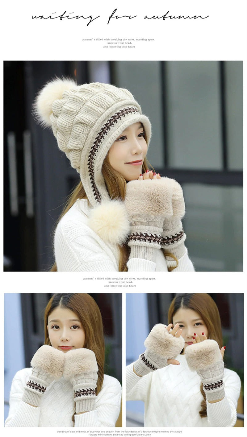 Fur Lining Knitted Hat With Gloves Set Pompoms Outdoor Knitted Woolen Warm Winter Cap