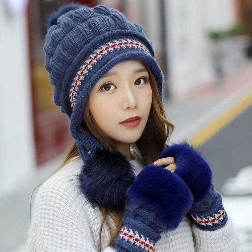 Load image into Gallery viewer, Fur Lining Knitted Hat With Gloves Set Pompoms Outdoor Knitted Woolen Warm Winter Cap

