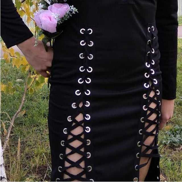 Gothic Black Sexy V-neck Summer Slit Lace Up Dress-women-wanahavit-black-S-wanahavit