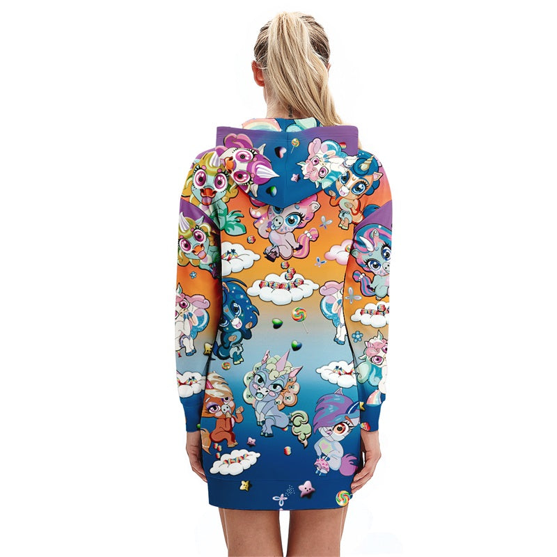 Funny Pullover Unicorn Print Pocket Hoodie Dress-women fashion-wanahavit-3-S-wanahavit