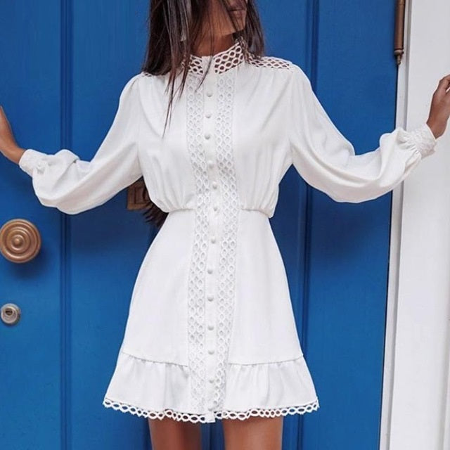 Streetwear White Long Sleeve Ruffle Hollow Out Mini Dress-women-wanahavit-White-S-wanahavit