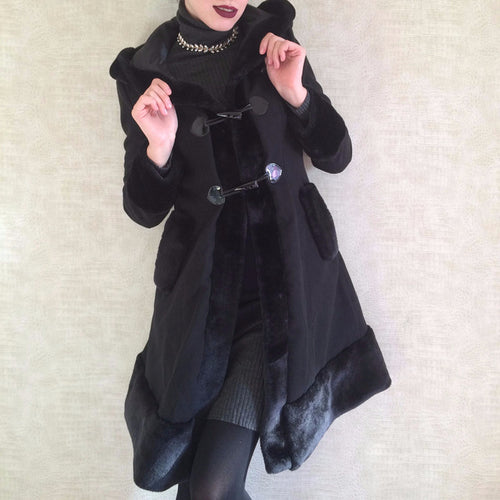 Load image into Gallery viewer, Black Flocking Winter Overcoat Hooded Vintage Gothic Trench Coat-women-wanahavit-Black-M-wanahavit
