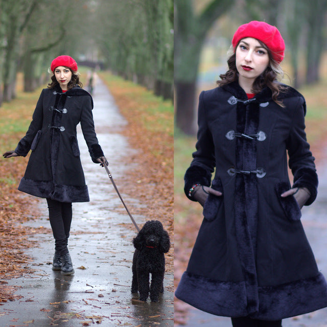 Black Flocking Winter Overcoat Hooded Vintage Gothic Trench Coat-women-wanahavit-Black-M-wanahavit