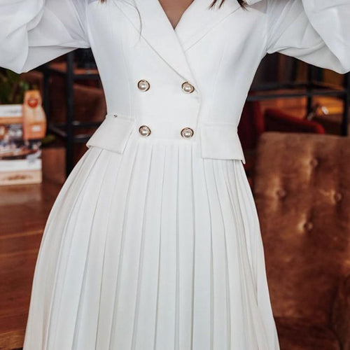 Load image into Gallery viewer, Vintage Pleated Elegant Lapel Office Long Sleeve Midi Blazer Dress-women-wanahavit-White-S-wanahavit
