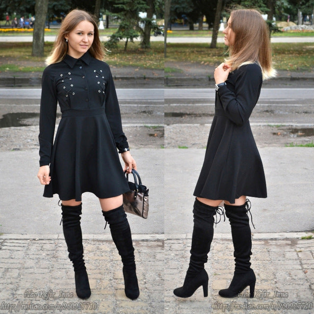 Black Sexy Lace Up Autumn Casual A-Line Button Lapel Gothic Mini Dress-women-wanahavit-Black-S-wanahavit