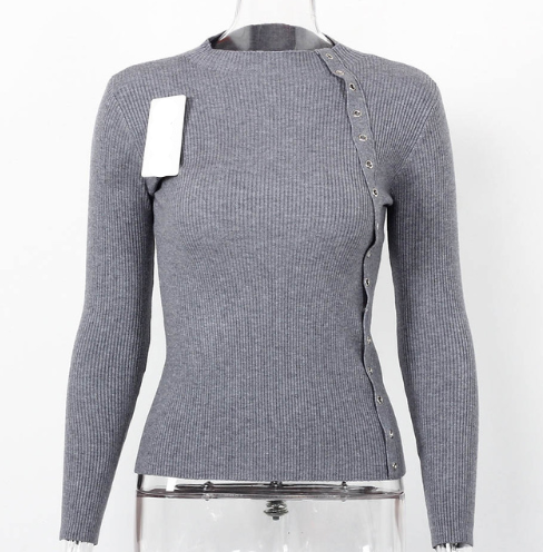 Side Button Designer Knitted Long Sleeve Sweater-women-wanahavit-Gray-One Size-wanahavit