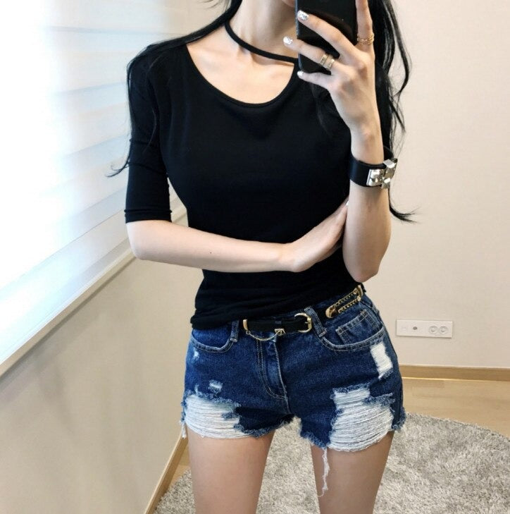 Hollow out sexy O-neck knitted Long Sleeve Shirt