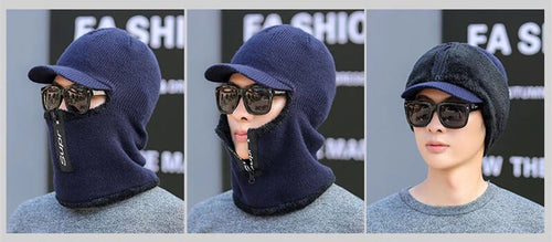 Load image into Gallery viewer, Fur Lined Brim Ear Cover With Zipper Balaclava Outdoor Knitted Woolen Warm Winter Cap
