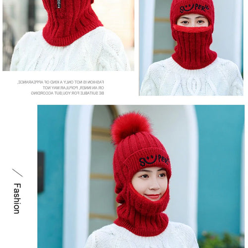 Load image into Gallery viewer, Fur Lined With Zipper Face Warmer Balaclava Pompoms Outdoor Knitted Woolen Warm Winter Cap
