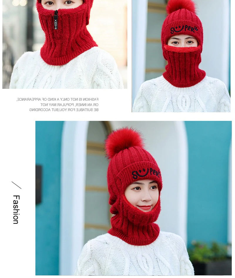 Fur Lined With Zipper Face Warmer Balaclava Pompoms Outdoor Knitted Woolen Warm Winter Cap