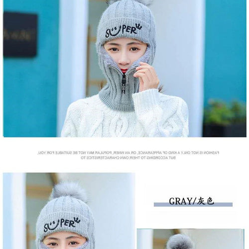 Load image into Gallery viewer, Fur Lined With Zipper Face Warmer Balaclava Pompoms Outdoor Knitted Woolen Warm Winter Cap
