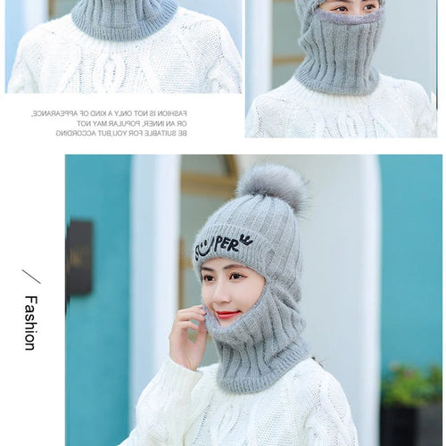 Load image into Gallery viewer, Fur Lined With Zipper Face Warmer Balaclava Pompoms Outdoor Knitted Woolen Warm Winter Cap
