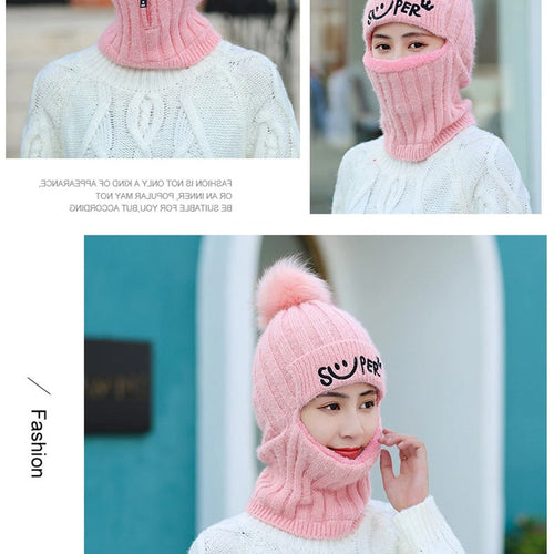 Load image into Gallery viewer, Fur Lined With Zipper Face Warmer Balaclava Pompoms Outdoor Knitted Woolen Warm Winter Cap
