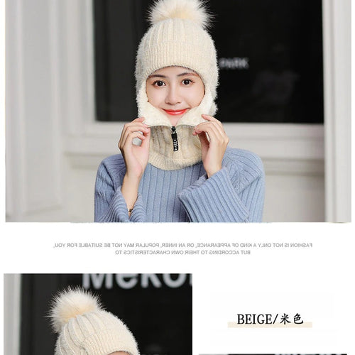 Load image into Gallery viewer, Fur Lined With Zipper Face Warmer Balaclava Pompoms Outdoor Knitted Woolen Warm Winter Cap
