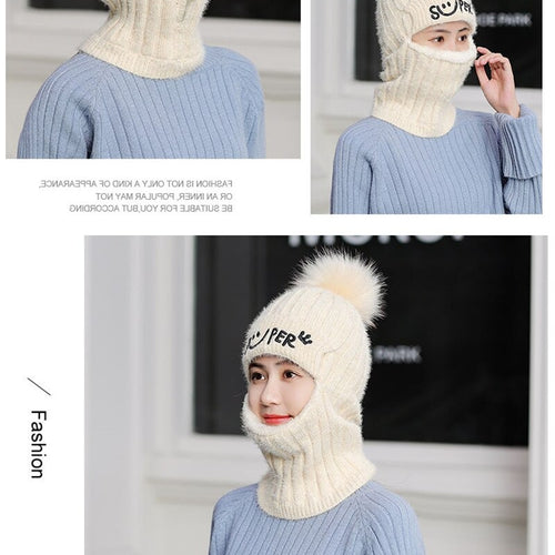 Load image into Gallery viewer, Fur Lined With Zipper Face Warmer Balaclava Pompoms Outdoor Knitted Woolen Warm Winter Cap
