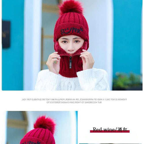 Load image into Gallery viewer, Fur Lined With Zipper Face Warmer Balaclava Pompoms Outdoor Knitted Woolen Warm Winter Cap
