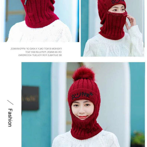 Load image into Gallery viewer, Fur Lined With Zipper Face Warmer Balaclava Pompoms Outdoor Knitted Woolen Warm Winter Cap
