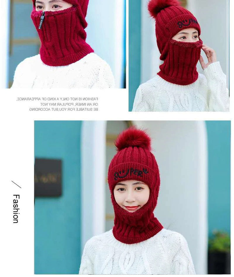 Fur Lined With Zipper Face Warmer Balaclava Pompoms Outdoor Knitted Woolen Warm Winter Cap