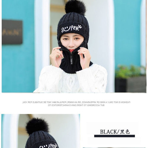 Load image into Gallery viewer, Fur Lined With Zipper Face Warmer Balaclava Pompoms Outdoor Knitted Woolen Warm Winter Cap
