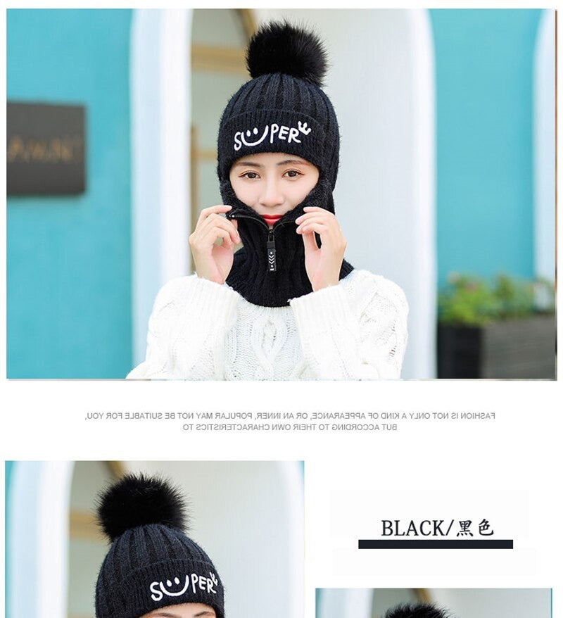 Fur Lined With Zipper Face Warmer Balaclava Pompoms Outdoor Knitted Woolen Warm Winter Cap