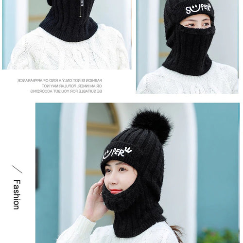 Load image into Gallery viewer, Fur Lined With Zipper Face Warmer Balaclava Pompoms Outdoor Knitted Woolen Warm Winter Cap
