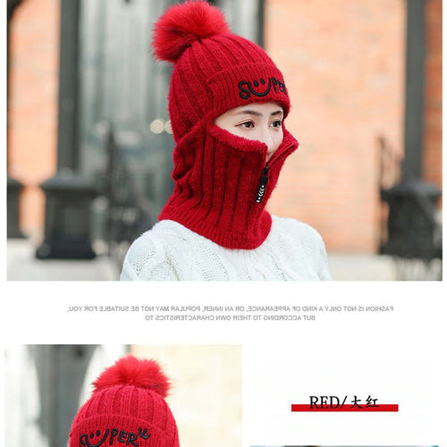 Load image into Gallery viewer, Fur Lined With Zipper Face Warmer Balaclava Pompoms Outdoor Knitted Woolen Warm Winter Cap
