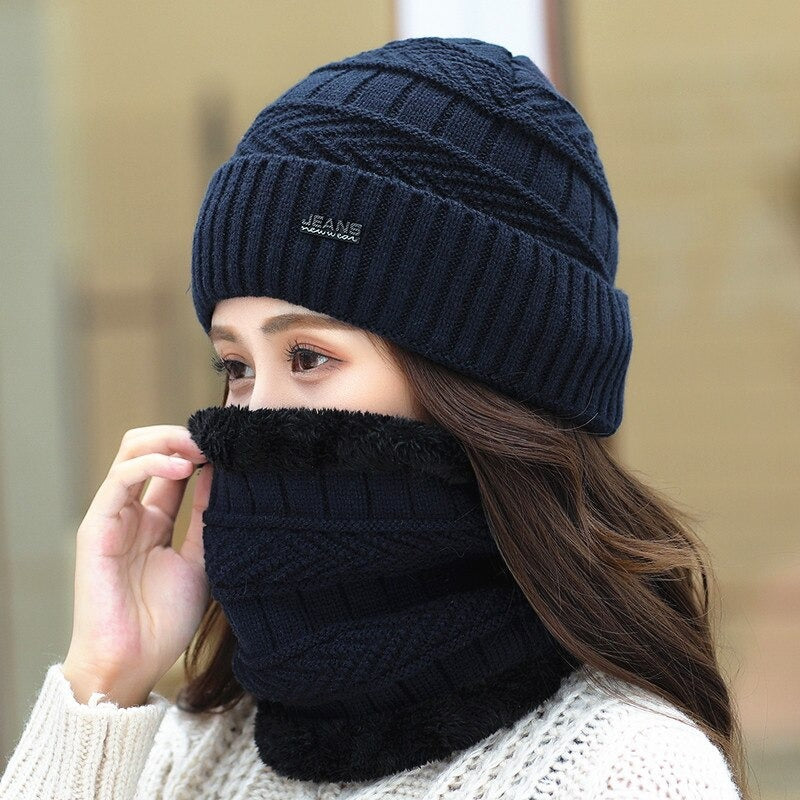 Unisex Fur Lined Outdoor Knitted Woolen Warm Winter Cap