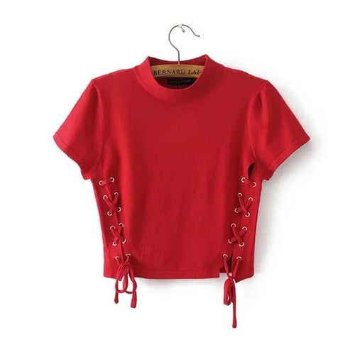 Load image into Gallery viewer, Crop Top Lace Up Tees-women-wanahavit-Red-S-wanahavit
