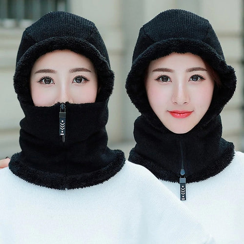 Load image into Gallery viewer, Winter Knitted Add Fur Lined Warm With Zipper Keep Face And Ear Balaclava Knitted Woolen Warm Winter Cap
