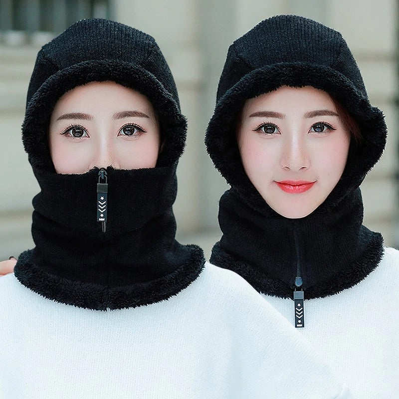 Winter Knitted Add Fur Lined Warm With Zipper Keep Face And Ear Balaclava Knitted Woolen Warm Winter Cap