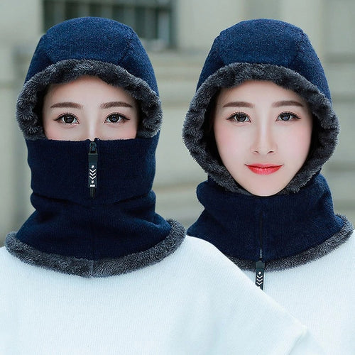 Load image into Gallery viewer, Winter Knitted Add Fur Lined Warm With Zipper Keep Face And Ear Balaclava Knitted Woolen Warm Winter Cap
