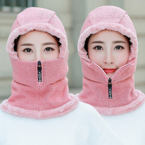 Load image into Gallery viewer, Winter Knitted Add Fur Lined Warm With Zipper Keep Face And Ear Balaclava Knitted Woolen Warm Winter Cap
