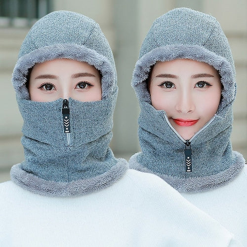 Load image into Gallery viewer, Winter Knitted Add Fur Lined Warm With Zipper Keep Face And Ear Balaclava Knitted Woolen Warm Winter Cap
