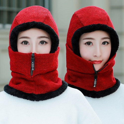 Load image into Gallery viewer, Winter Knitted Add Fur Lined Warm With Zipper Keep Face And Ear Balaclava Knitted Woolen Warm Winter Cap
