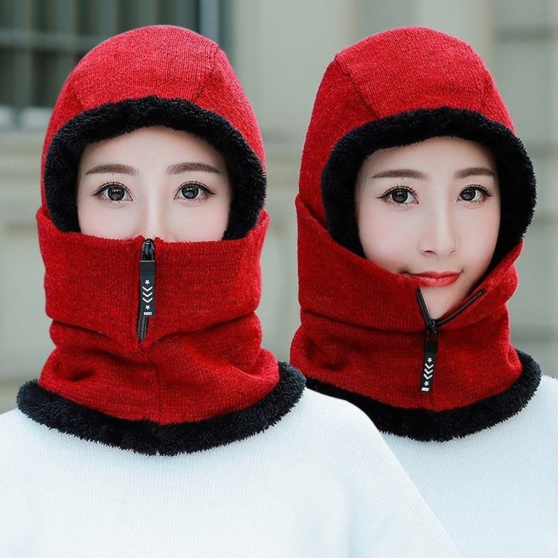 Winter Knitted Add Fur Lined Warm With Zipper Keep Face And Ear Balaclava Knitted Woolen Warm Winter Cap