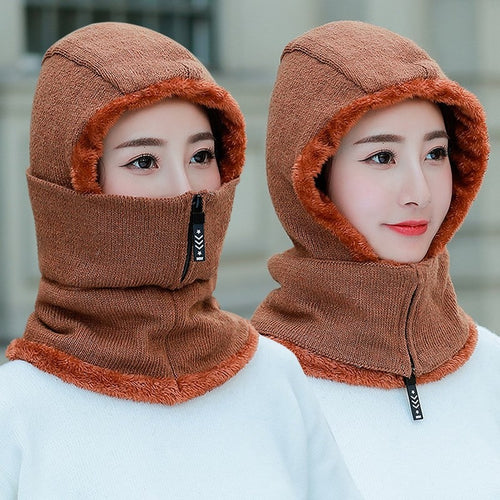 Load image into Gallery viewer, Winter Knitted Add Fur Lined Warm With Zipper Keep Face And Ear Balaclava Knitted Woolen Warm Winter Cap
