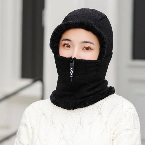 Load image into Gallery viewer, Winter Knitted Add Fur Lined Warm With Zipper Keep Face And Ear Balaclava Knitted Woolen Warm Winter Cap
