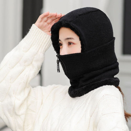 Load image into Gallery viewer, Winter Knitted Add Fur Lined Warm With Zipper Keep Face And Ear Balaclava Knitted Woolen Warm Winter Cap
