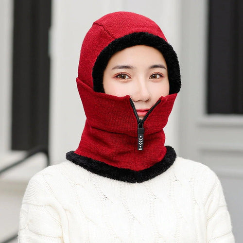 Load image into Gallery viewer, Winter Knitted Add Fur Lined Warm With Zipper Keep Face And Ear Balaclava Knitted Woolen Warm Winter Cap
