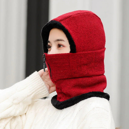 Load image into Gallery viewer, Winter Knitted Add Fur Lined Warm With Zipper Keep Face And Ear Balaclava Knitted Woolen Warm Winter Cap
