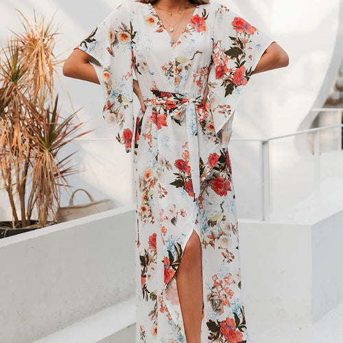 Load image into Gallery viewer, Sexy V-neck Floral Print Elegant Long Sleeve Asymmetrical Sundress Summer Long Maxi Dress
