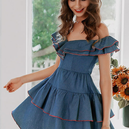 Load image into Gallery viewer, Sexy Off Shoulder Denim Solid Ruffle Bodycon A-line Short Sundress Party Mini Dress
