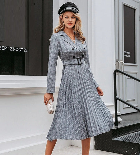 A-line V-neck Blazer Midi Elegant Long Sleeve Button Sash Blazer Pleated Office Dress