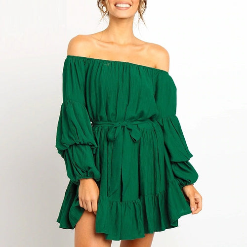 Load image into Gallery viewer, Autumn Off Shoulder Long Puff Sleeve Belted Solid Sash Ruffle Mini Dress
