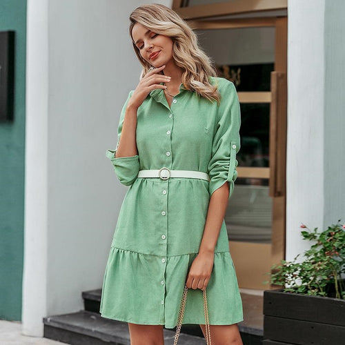 Load image into Gallery viewer, Autumn Shirt A-line Lapel Solid Casual Blouse Winter Long Sleeve Office Short Dress
