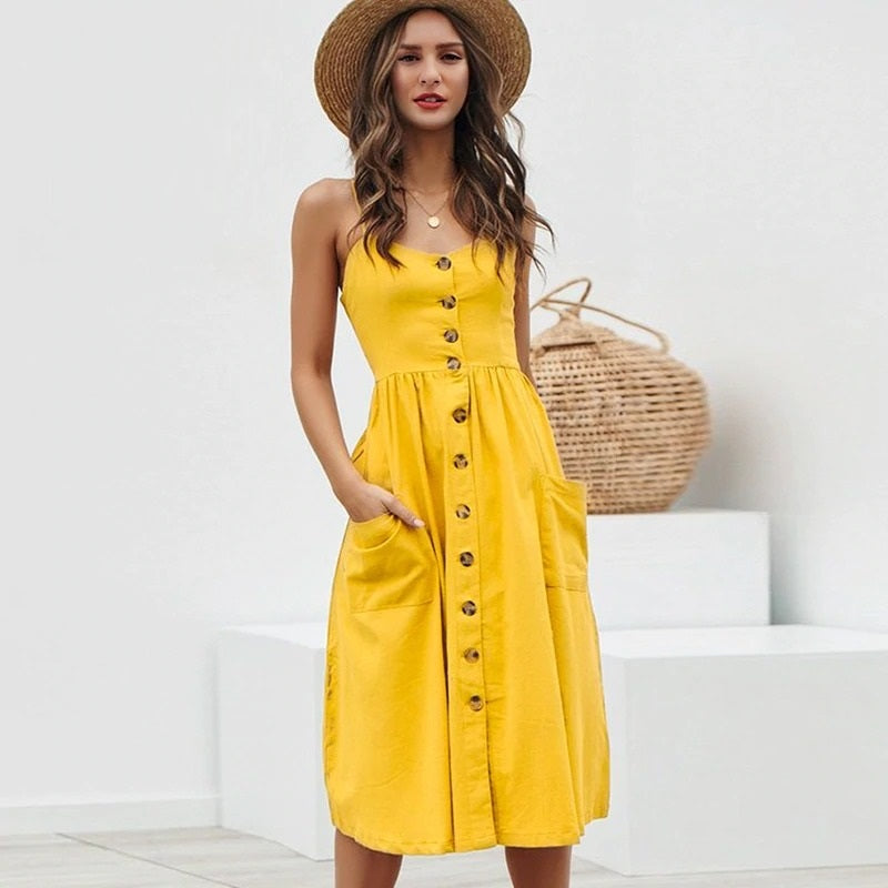 Elegant Button Pocket Polka Dots Yellow Cotton Midi Summer Casual Plus Size Beach Dress
