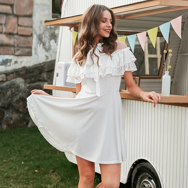 Elegant Cotton Lace Long Lantern Sleeve Ruffle A-line White Short Hollow Out Dress