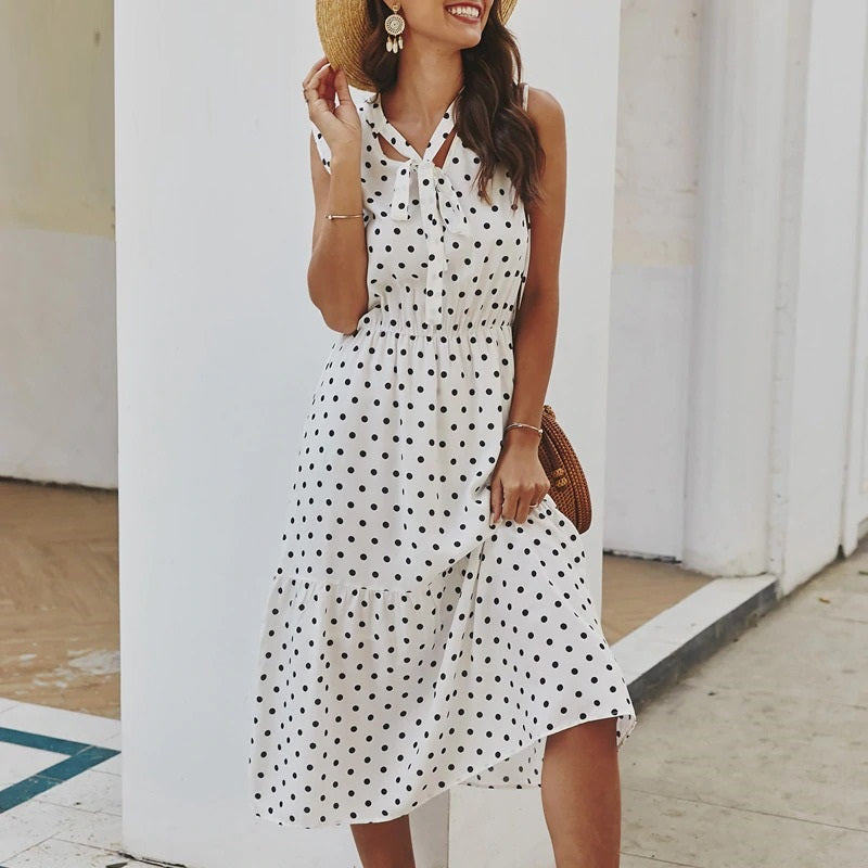 Elegant Cravat Sleeveless Polka Dot Print Office Summer A-line Casual Midi Dress