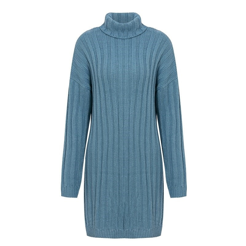 Elegant Knitted Turtle Neck White Sweater Sexy Holiday Solid Winter Teal Dress